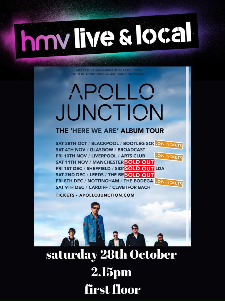 hmvBlackpool's tweet photo. Live music is back this weekend &amp; it’s a big one

@ApolloJunction will be live from 2.15pm ahead of their evening headline gig @bootlegbars 

New album ‘Here We Are’ is out now &amp; flying up the chart

Even got a mention in @The_Gazette👇

#hmvliveandlocal 
https://t.co/1XWRPRn26E https://t.co/fkekZZnY52