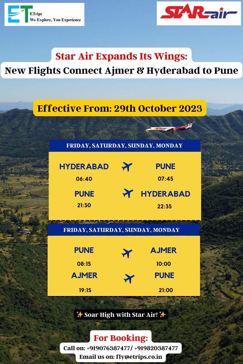 Star Air Expands Its Wings: New Flights Connect Ajmer & Hyderabad to Pune
@OfficialStarAir #FlightConnections #AjmerToPune #etrips #flightbooking #hotelbooking #tourpackage #booknow #HyderabadToPune #NewHorizons #TravelWithStarAir #ExploreWithStarAir #FlightLaunch #AirTravel