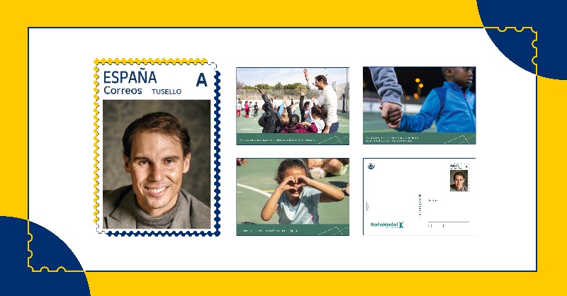 Correos's tweet photo. Emitimos un pack filatélico con propósito en colaboración con la @frnadal. Parte de los beneficios obtenidos se destinarán a proyectos enfocados en el desarrollo de actividades deportivas para menores en situación de vulnerabilidad.