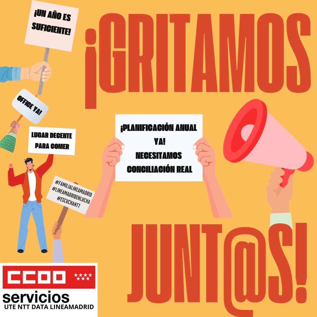 CCOOlineamadrid's tweet photo. ¿Por qué decimos #LíneaMadridEnLucha? El servicio de atención a la ciudadanía de @MADRID lleva 1 año en @NTTDataSpain luchando por mejores condiciones: planificación REAL para poder conciliar, más teletrabajo, más formación e instalaciones en condiciones… https://t.co/BK28giy5JP