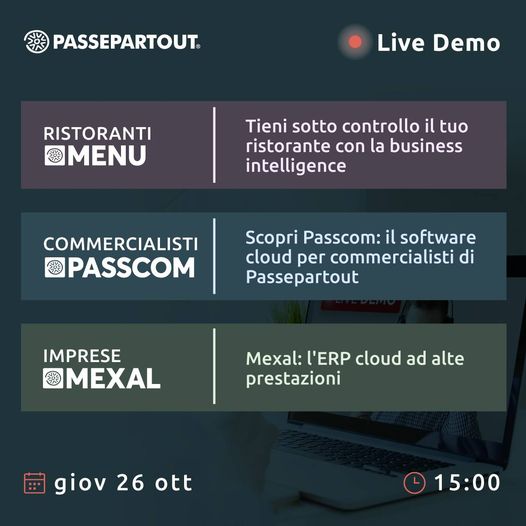 WorkGroupSrl's tweet photo. 🔴 LIVE DEMO @Passepartout 
🍕 Ristoranti e business intelligence: https://t.co/1RtT8UyNTe #ristorazione
🏭 Imprese:  Mexal, l'ERP cloud ad alte prestazioni
https://t.co/KaHxGUJEZD #imprese
‍👨🏻‍💼 Commercialisti: https://t.co/i9WElxi8NU #professionisti https://t.co/1E9KS0djTT