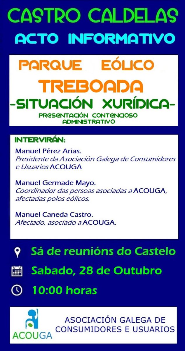 ManuelGermade's tweet photo. O sábado, 28, estaremos en Castro Caldelas presentando o contencioso-administrativo que imos ponher contra o Parque Treboada.
#EólicaAsíNon
#ACOUGA https://t.co/Ff34LurH9r