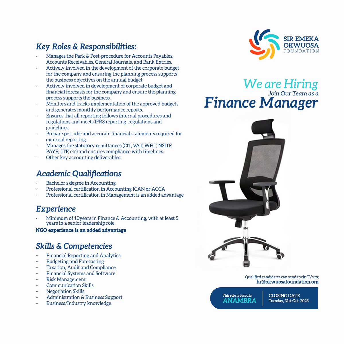 SEOFoundationn's tweet photo. WE ARE HIRING! 👨‍💻

If you are an experienced and qualified finance professional, this is for you! Join our team as a Finance Manager and boost your career prospects. 

To apply, send your resume and other relevant qualifications to hr@okwuosafoundation.org. Good luck! https://t.co/IlJUXnODXo