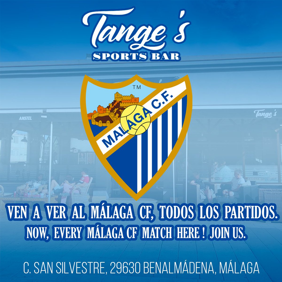 💙 No puedes ir a Antequera este domingo? No problem!

📺 En Tange´s Sport Bar se va a retransmitir el encuentro, ademas estrenando la nueva pantalla de 75" en la terraza, para disfrute de muchos malaguistas!

👉🏽Enlace para ir: maps.app.goo.gl/pLJLWDob6bxXE7…

Rogamos compartir l mensaje