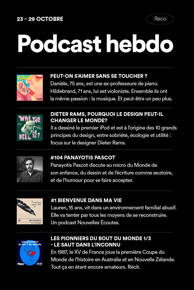 spotifyfrance's tweet photo. On écoute quoi cette semaine comme podcasts ?

💌 @LouieMedia x @mdecarpentier
🛋️ @sogoodradio x @vico_vs
📚 @gsarratia x @lemonde_M x @PanayotisPascot
✍️ @NouvEcoutes
🐓 @NiqueRadio x @Gro_ndControl

À retrouver dans notre playlist #PodcastHebdo ➡️ https://t.co/cIzqhBLOHs https://t.co/revoDwQelu