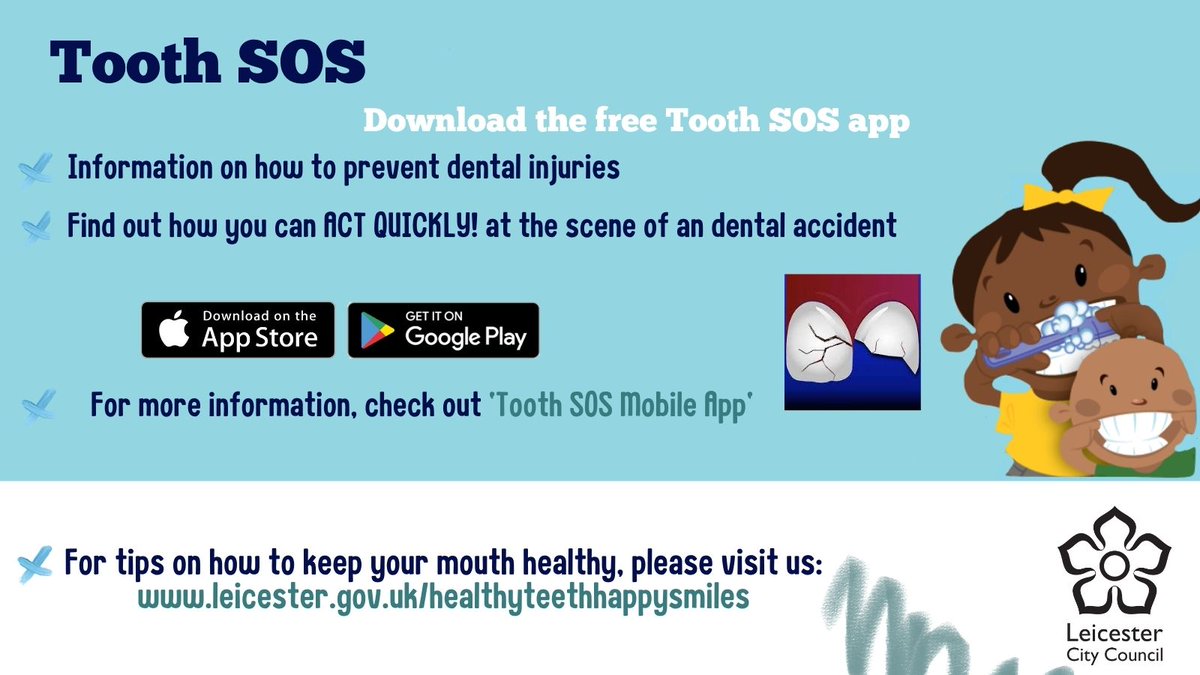 🦷 Download the *FREE* Tooth SOS app on the Google Play or App Store today to help prevent and manage dental injuries 👍🏿 For more information on dental trauma and advice on how to keep your teeth healthy, check out: dentalhealth.org/get-advice