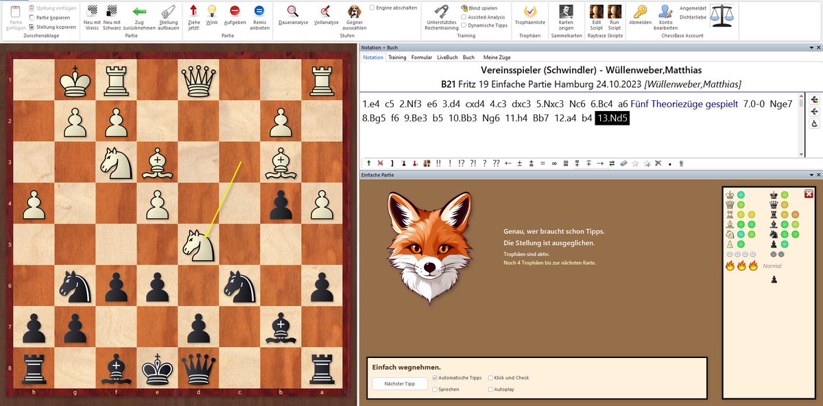 MWuellenweber's tweet photo. Völlig klar, dass der Gegnertyp "Schwindler" hier 13.Sd5 spielt. Unangenehm. Die Fritz19-Gegner "Positionell" oder "Endspielkenner" würden hingegen 13.Se2 fortsetzen. Die hätten sich auch niemals 11.h4 getraut. #Fritz19 https://t.co/bNKT7NhMH9