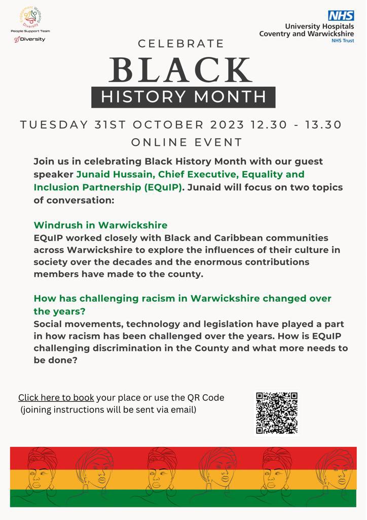 Invitation for our NHS colleagues in the Midlands to join us and celebrate #BlackHistoryMonth2023. Please book a place by using the QR code in the poster #Equality #racism @nhsuhcw @donnamgriffiths @NHS_CWICB @EquipEquality1 @uhcw_pst @pijush357ray