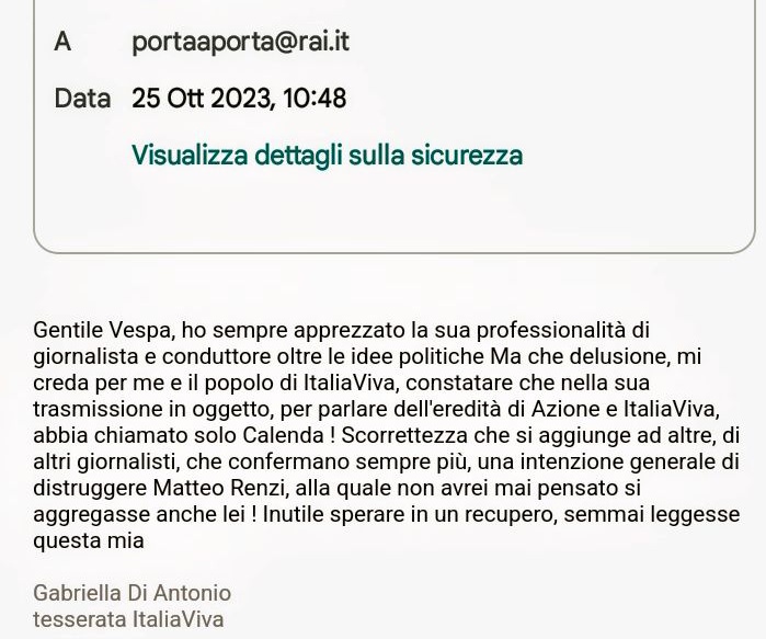 Agli amici Vivaci
Ci ho provato Se lo ritenete giusto fate copia/incolla del testo e inviate anche voi
Facciamolo in tanti
Oggetto: Trasmissione del 24 ottobre