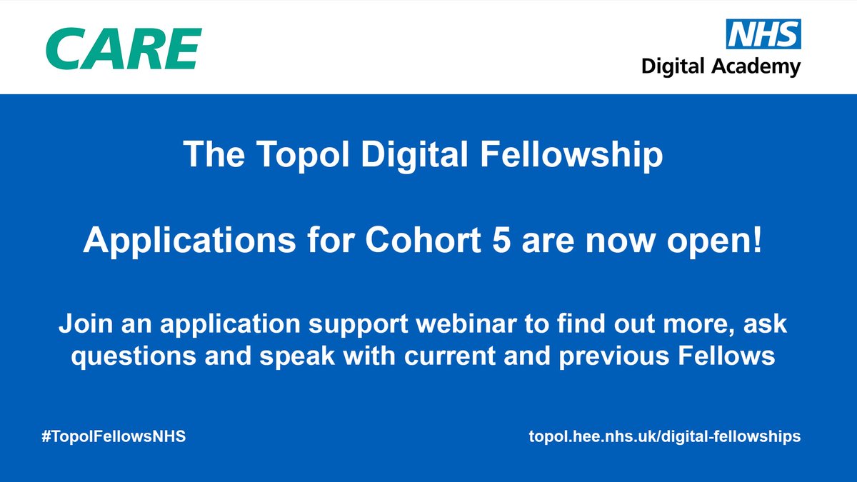 Apply now for Cohort 5 of the Topol Digital Fellowships! The Fellowship gives you the chance to work on a digital transformation project in your organisation. Find out more and apply – orlo.uk/3qwkX #TopolFellows #SocialCare @WessexAHSN @DigiSocCare @NHSE_WTE