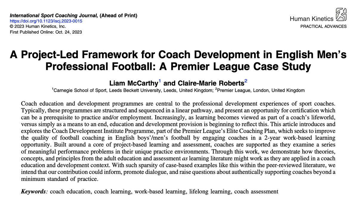 This work has been the biggest joy over the last 3-4 years, bringing with it opportunities to support and learn from some incredible people across the professional game.

Here, we're (<a href="/robertscm/">Claire-Marie Roberts</a>) excited to share some of that story 👇📕⚽️

journals.humankinetics.com/view/journals/…
