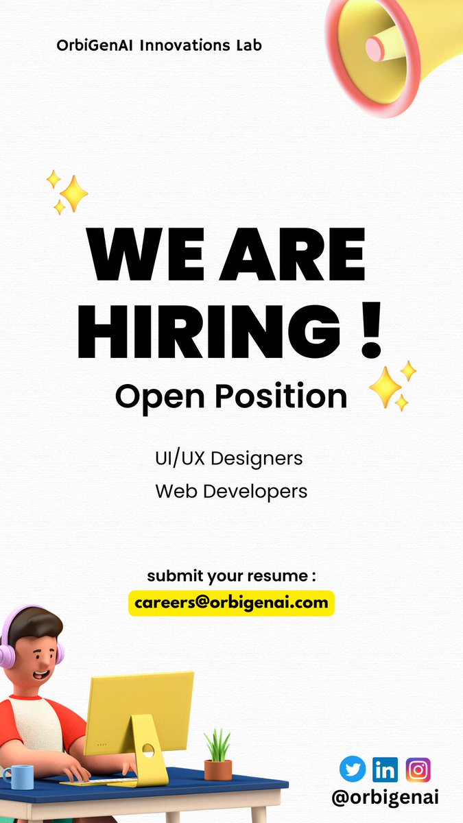 orbigenai's tweet photo. 🚀 Join our Innovative Team at OrbiGenAI Innovations Lab! 🌟

📍We’re Hiring Web Developers and UI/UX Designers 🔥

If you are someone who, 
💛 Is passionate about product in the AI space
🔬 Inclined towards leading a Project Team
🤖 Love to simplify complexity

Apply Here👇 https://t.co/3vQepRQkhT
