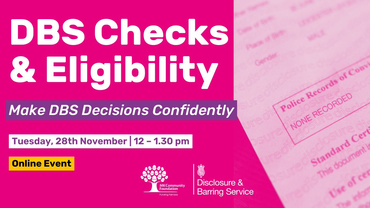 Confused about DBS checks? 🔒

Join us with <a href="/DBSgovuk/">The Disclosure & Barring Service</a> for an online workshop exploring the processes and eligibility criteria. 📝

🗓️Tues, 28th November 
🕛12:00 - 13:30 pm
📍Online
 
🎫Book Here: ow.ly/SnqH50Q0vnB

#safeguarding #volunteering