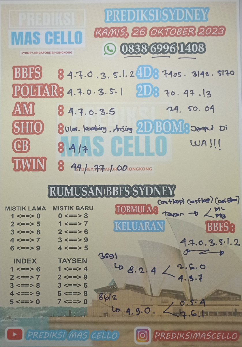 prediksimas's tweet photo. PREDIKSI SYDNEY KAMIS 26 OKTOBER 2023  dan angka lain bisa jemput di WA 0838 6996 1408 GRATIS #Temblor #RocaAFazenda #chatwithmark #Sydney #singapura #Totomacau #Angkajitu #Togelsyd #prediksitogelsyd #pastijp #togelonlineterpercaya https://t.co/Tl0pHRZA0D