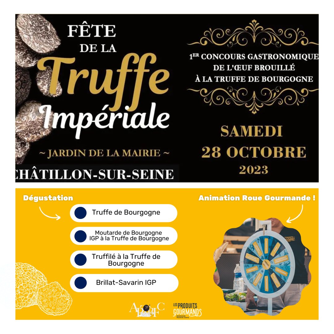 Retrouvez-nous toute la journée de samedi à la 𝗙𝗲̂𝘁𝗲 𝗱𝗲 𝗹𝗮 𝗧𝗿𝘂𝗳𝗳𝗲 à Châtillon-sur-Seine !

À notre stand, venez défier notre roue gourmande et ses questions sur cet or noir puis dégustez la Truffe de Bourgogne accompagnée de spécialités régionales 🥰🤎