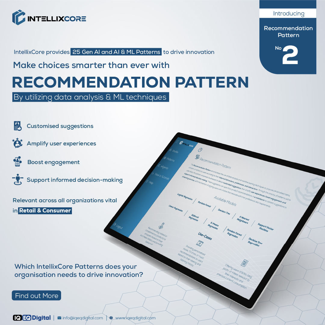 Elevate Customer Experiences with IntellixCore's Recommendation Pattern!

Increase Sales

Predict User Needs

Enhance user satisfaction

Book a demo now at iqeqdigital.com

#intelligence #transformation  Sultan Mahmood