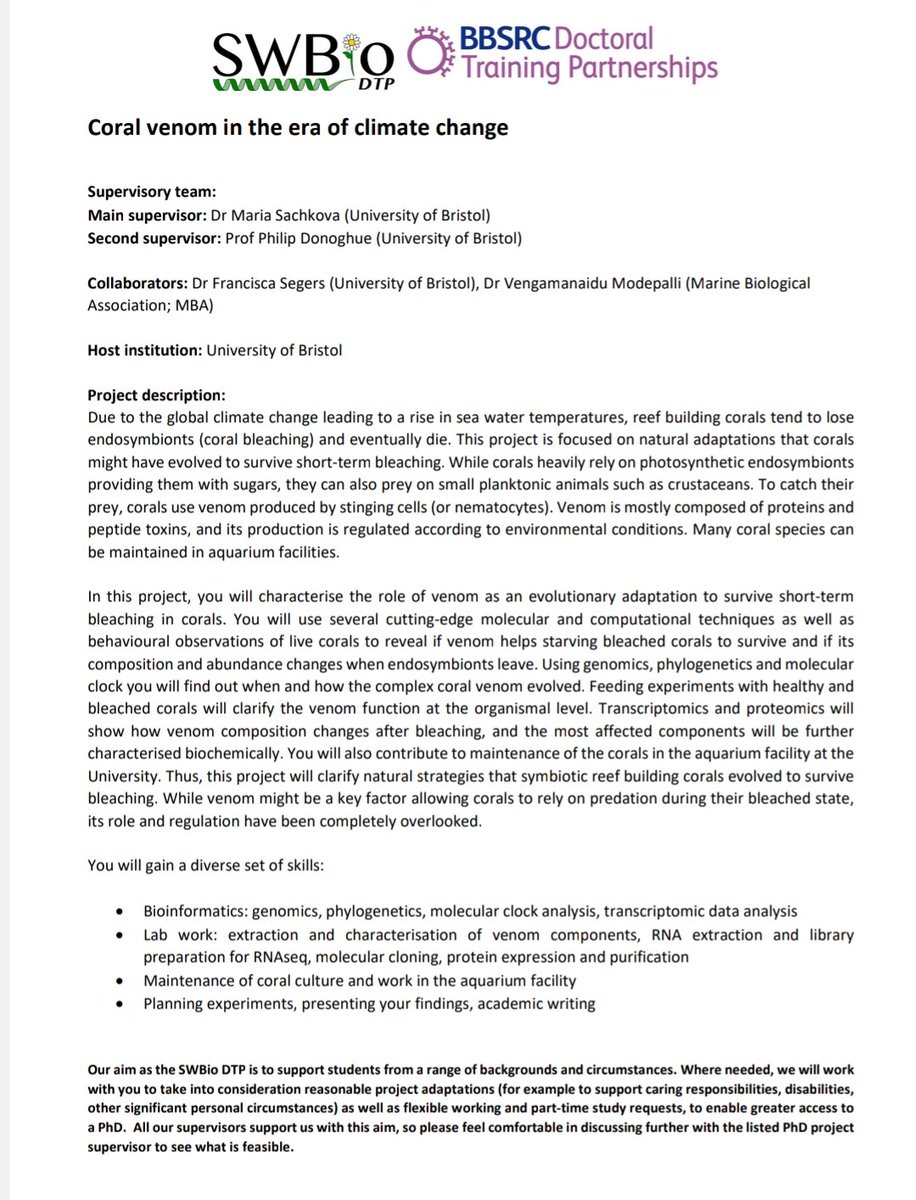 Please spread the word - one more PhD position to study the effects of climate change and bleaching on the coral venom! Will be happy to discuss the project 🙂 Deadline: Midnight, 4 December. <a href="/SWBio_DTP/">SWBio DTP</a> <a href="/BristolBioSci/">University of Bristol Biological Sciences</a>
swbio.ac.uk/advancing-the-…