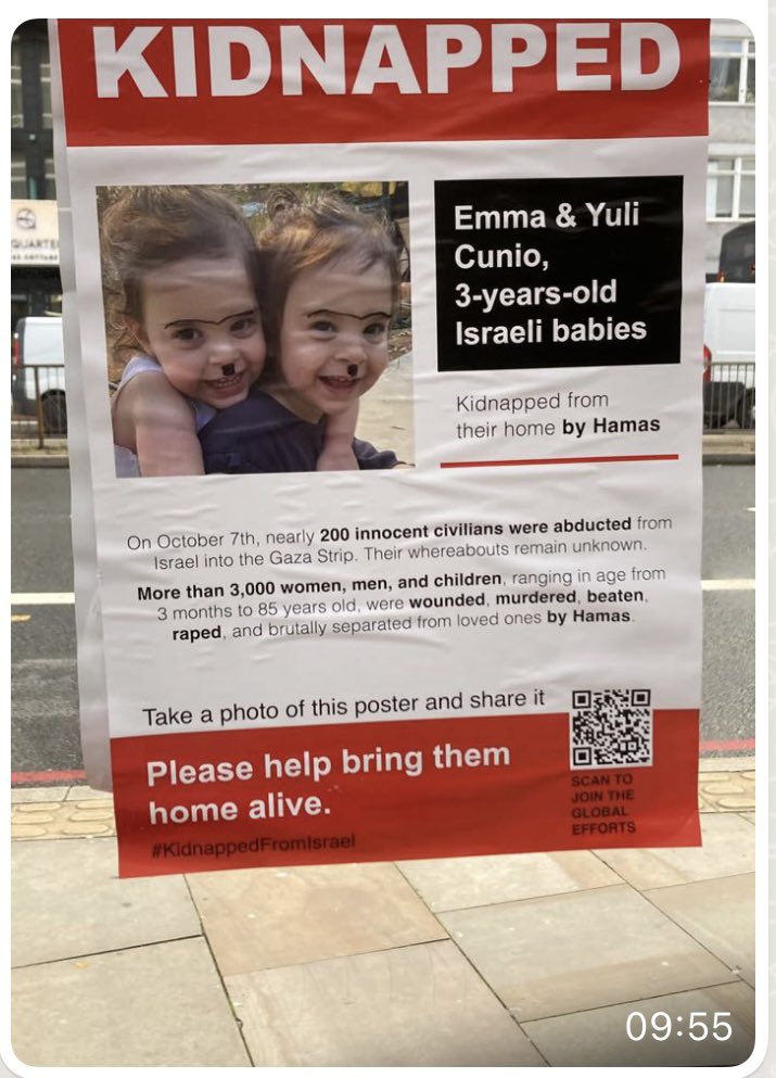 Finchley Road. Poster of two kidnapped Jewish children. Someone’s drawn a Hitler moustache on them. This is what the Jewish community is facing. Not in 1936. In 2023. Here. In London
