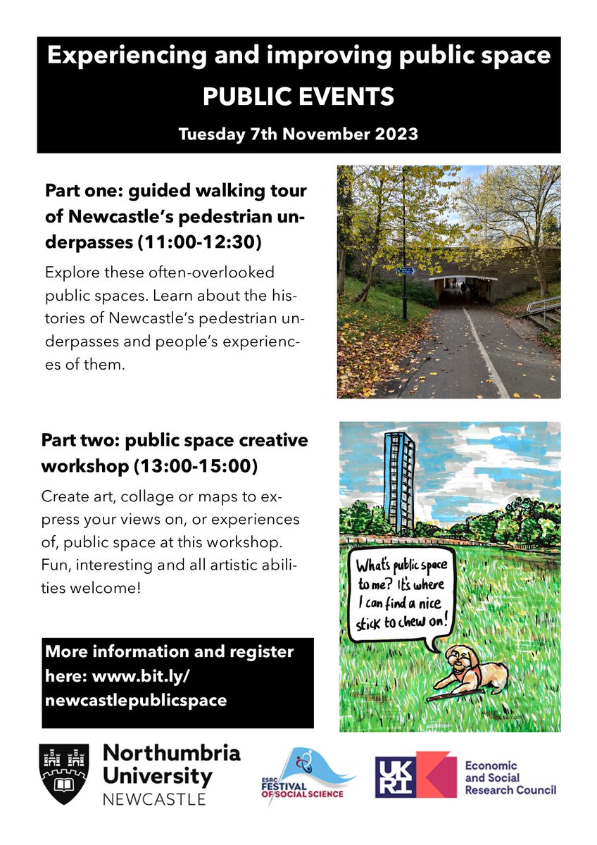 There's some space left on our public space events. Everyone welcome. A guided tour of pedestrian underpasses and a chance to do arty things. What a Tuesday it'll be! Register/info here: bit.ly/newcastlepubli… @northumbriauni #ESRCFestival