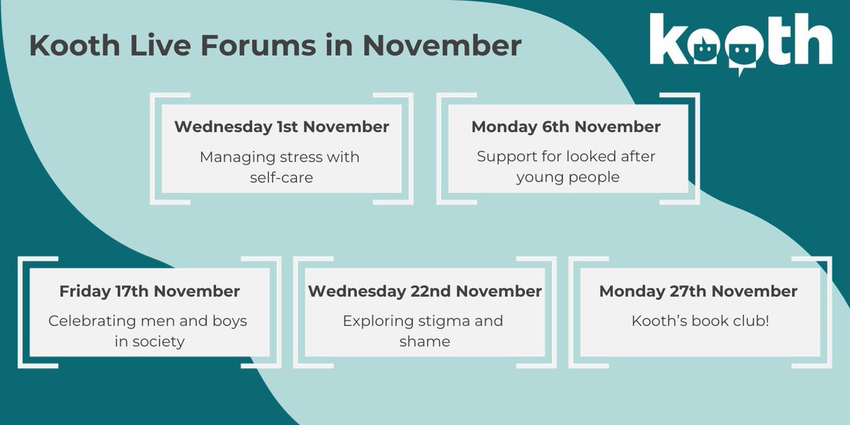 We have some great live forums coming up in November that you can join 🎇 

If you are not quite ready to join in on the conversation, that's ok! You can just follow along and read the comments 📲 

Head over to Kooth.com to get involved! 

#November #mentalhealth