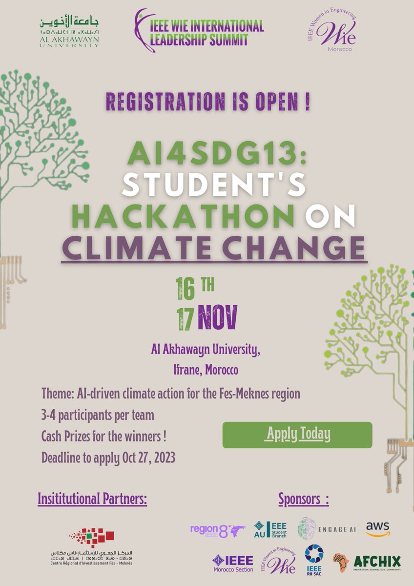 centre_fes's tweet photo. Al Akhawayn University in Ifrane  is launching a hackathon for inovation projects to face #climatechange on November 16 and 17, 2023.
to apply : https://t.co/5E8XWsiI4U
Registration #deadline : October 27, 2023 https://t.co/Wp2BHAJia4