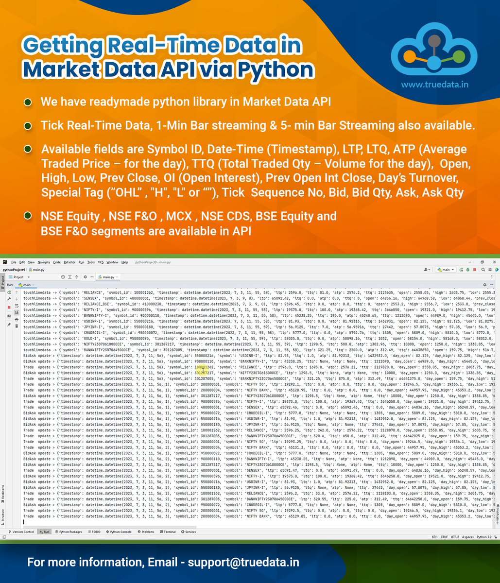 truedata1's tweet image. 💁‍♀️ TrueData Super Simple Market Data APIs
✅Getting Real-time Data in Market Data API via python
✅We have readymade python library in Market Data AP
Know More truedata.in/api
#TrueData #marketdataAPI #nse #python #nodejs #php #dotnet #csharp #nseeq #cds #mcx