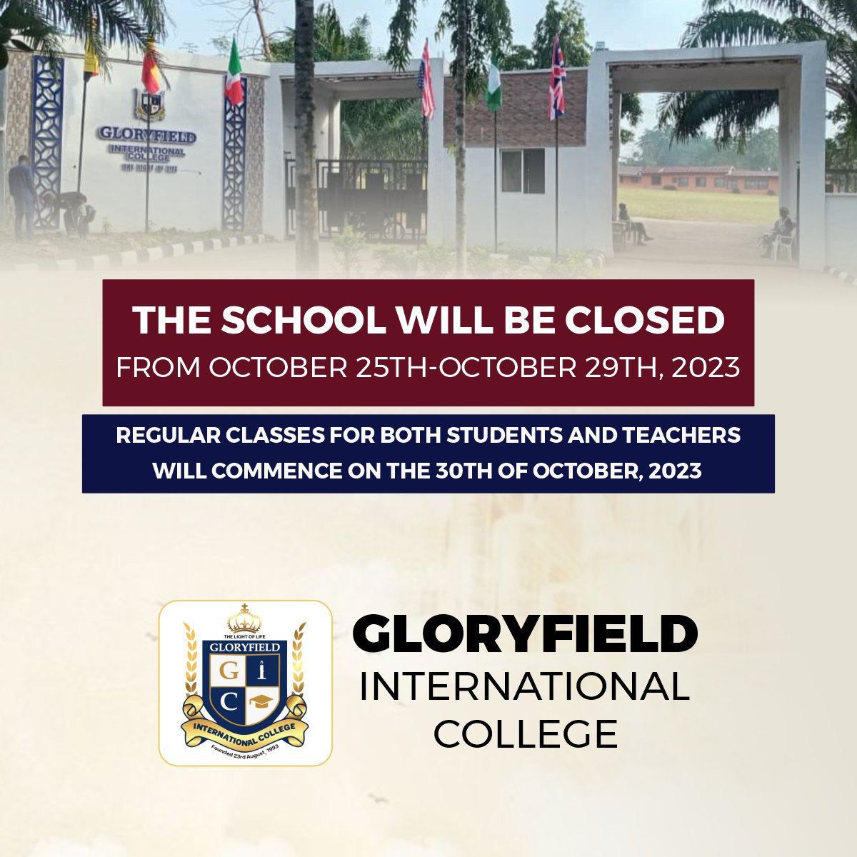 Mid-term break is here! The school will be inaccessible from October 25th to October 29th. Gloryfield regular classes for both students and teachers will recommence on Monday, October 30th, 2023. Have a great holiday! #midterm #schools #academics #teachers #Students