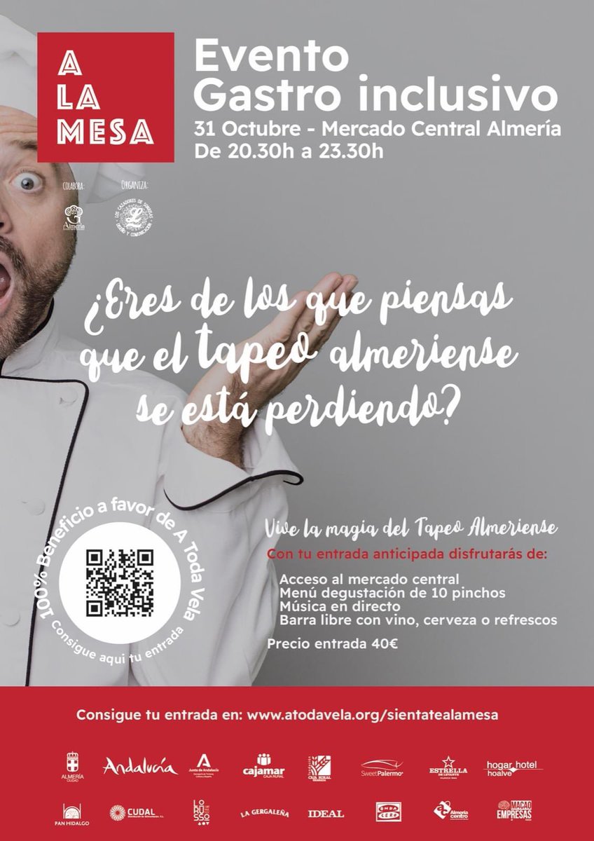 🗓️ 31/10 📍 Mercado Central de #Almería
GastroEvento 𝐀 𝐥𝐚 𝐌𝐞𝐬𝐚, ¡Vuelve la <a href="/TapaSolidariaAL/">tapasolidariaalmeria</a>! Los Chefs de Almería Gastronómica trabajarán junto <a href="/A_Toda_Vela/">A Toda Vela</a> para ofrecerte unas degustaciones muy inclusivas.

🎟️ Consigue tu entrada - aforo limitado:
atodavela.org/sientatealames…
