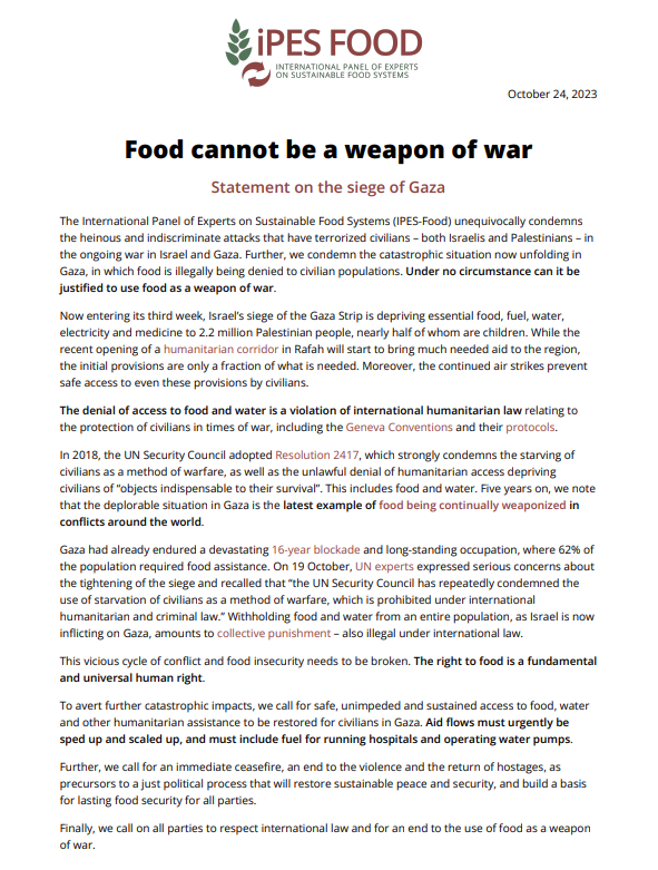 🛑Our statement on the siege of #Gaza and the growing weaponization of food: 

"The deplorable situation in Gaza is the latest example of #food being continually weaponized in conflicts around the world… The #RightToFood is a fundamental &amp; universal #humanright."