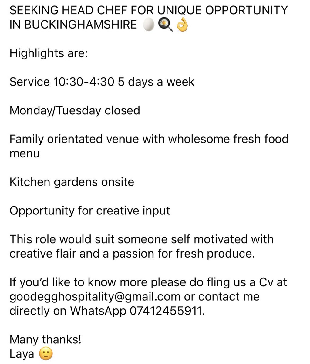 GoodEggChefs's tweet image. HEAD CHEF
Service 10:30-4:30 
Evenings off
5 day week
Kitchen gardens onsite
creative input
If you'd like to know more please do fling us a Cv at goodegghospitality@gmail.com or contact me directly on WhatsApp 07412455911.
Many thanks!
Laya
#chefjob #job #headchef #headchefjob