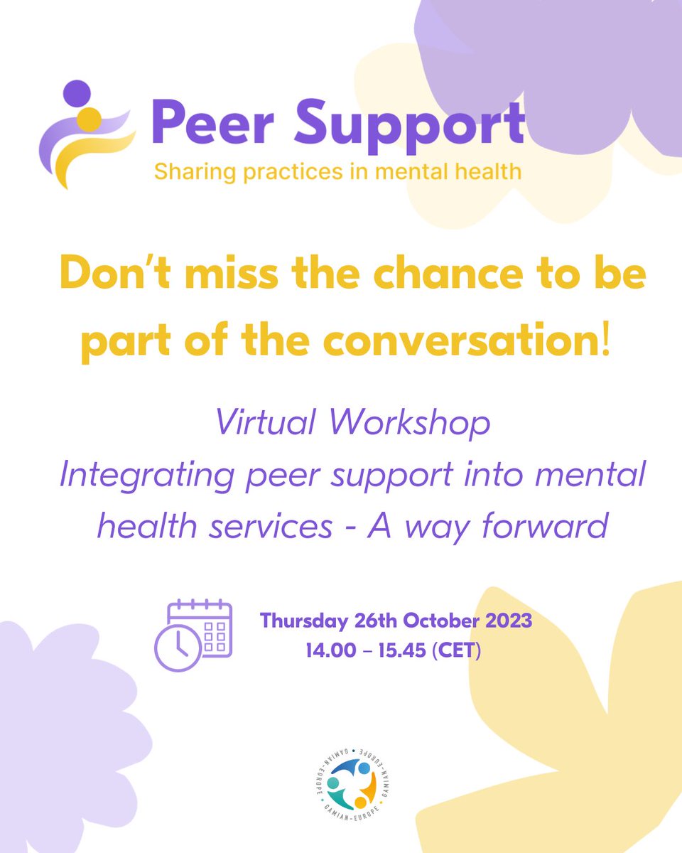 ⌛️Did you register for our virtual workshop on #PeerSupport tommorow? 💜Secure your spot and be part of the conversation! 💜26.10.2023, 14:00 - 15:45 CET 💜Registration link: bit.ly/46XCyJw #MentalHealthMatters #PatientsVoice