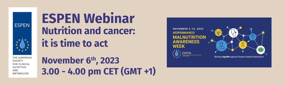 ESPEN Webinar Nutrition and cancer: 𝐈𝐓'𝐒 𝐓𝐈𝐌𝐄 𝐓𝐎 𝐀𝐂𝐓 
𝐃𝐨𝐧'𝐭 𝐦𝐢𝐬𝐬 𝐢𝐭!   #ESPENMAW23
November 6th, 2023 

REGISTRATION 👉🏻 docs.google.com/forms/d/e/1FAI…
PROGRAM 👉🏻 noemacongressi.it/wp-