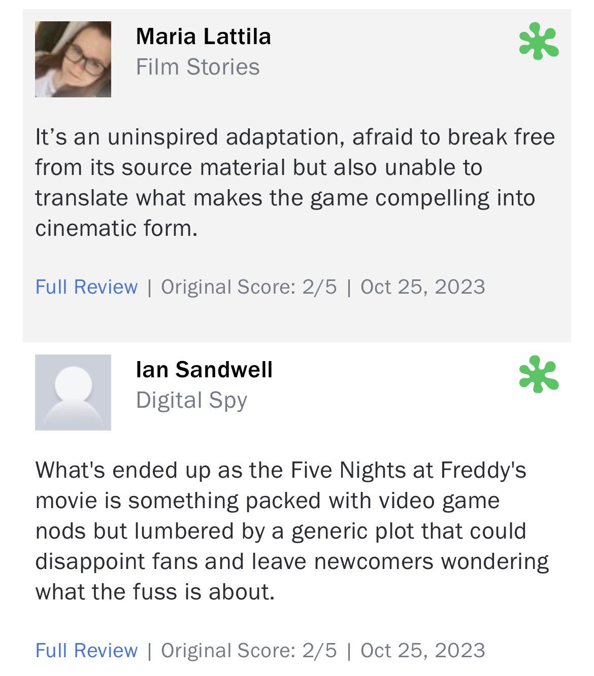 Ethan (Sheeprampage) on X: There's a couple Critic reviews for the FNAF  movie up on rotten tomatoes, and…. 🥴 (Spoiler-Free)   / X