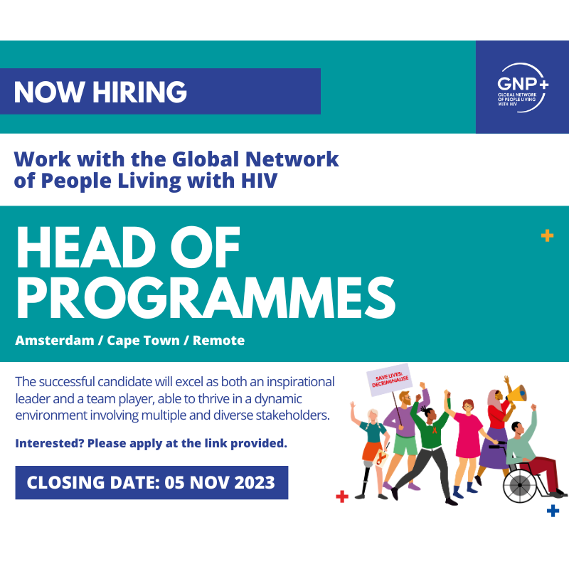 gnpplus's tweet photo. 📢OPPORTUNITY! GNP+ is seeking to fill the role of Head of Programmes. Our new colleague will design, manage and monitor all our programmes. Candidates must be fully committed to advancing social justice for people living with HIV and marginalised communities.

Closing Date: 05 Nov 2023

APPLY TODAY ⬇️

https://t.co/BhWiJxYmgj