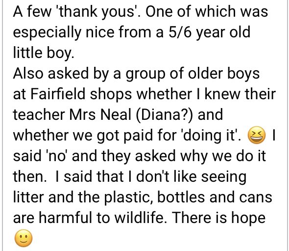 lesterlassie's tweet photo. Sharing a lovely fb post about me, a fellow litterpicker was approached by sone of the children from ‘my’ school @Fairfieldcps such a lovely polite group children and it make me proud that our behaviour outside school can make such a positive effect on the children https://t.co/RC3oRVGmLV