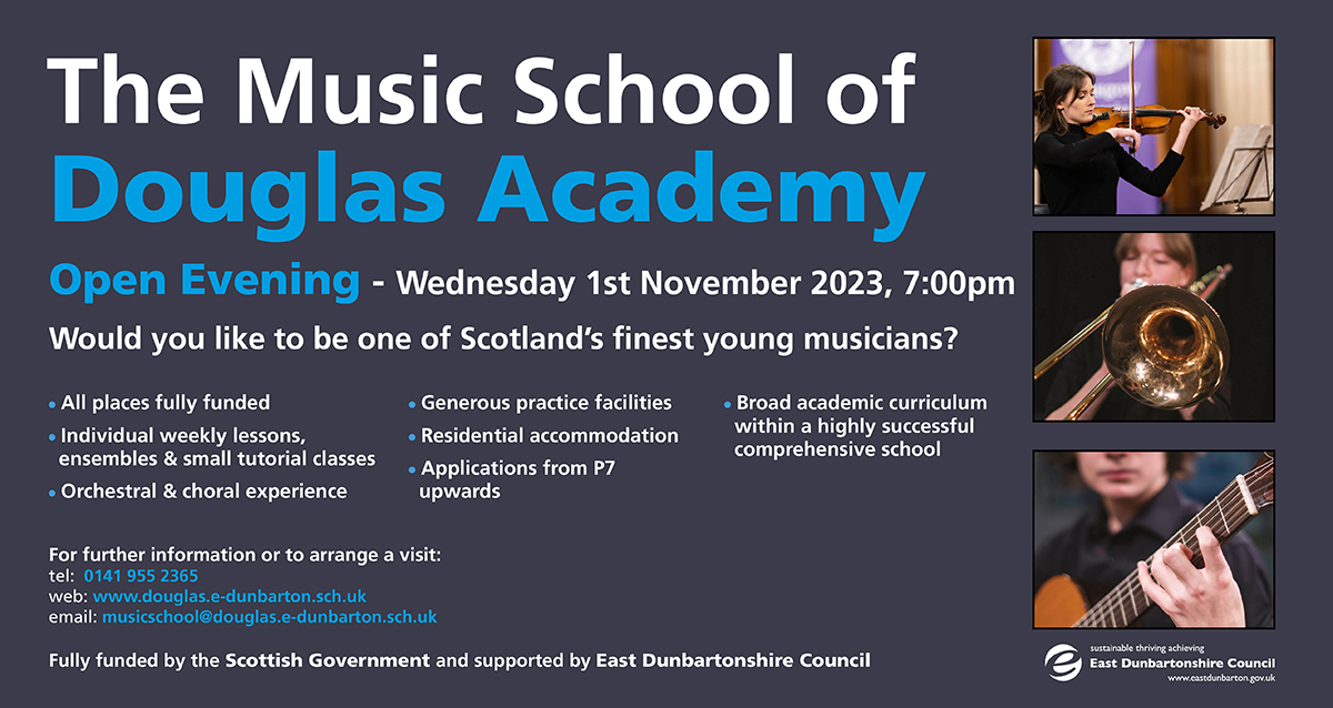 Come to or Open Evening next Wednesday, 1st November.   Find out more about what happens here and how you can gain a place and work with some of the top young musicians in the country! <a href="/DouglasAcad/">Douglas Academy</a> <a href="/EDCouncil/">East Dun Council</a> <a href="/HIT_Scotland/">HIT Scotland</a> <a href="/NYOScotland/">NYOS</a> <a href="/NYCOScotland/">NYCOS</a>  <a href="/SAMEMusEdScot/">SAME</a> <a href="/SYMusicians/">Scottish Young Musicians</a>