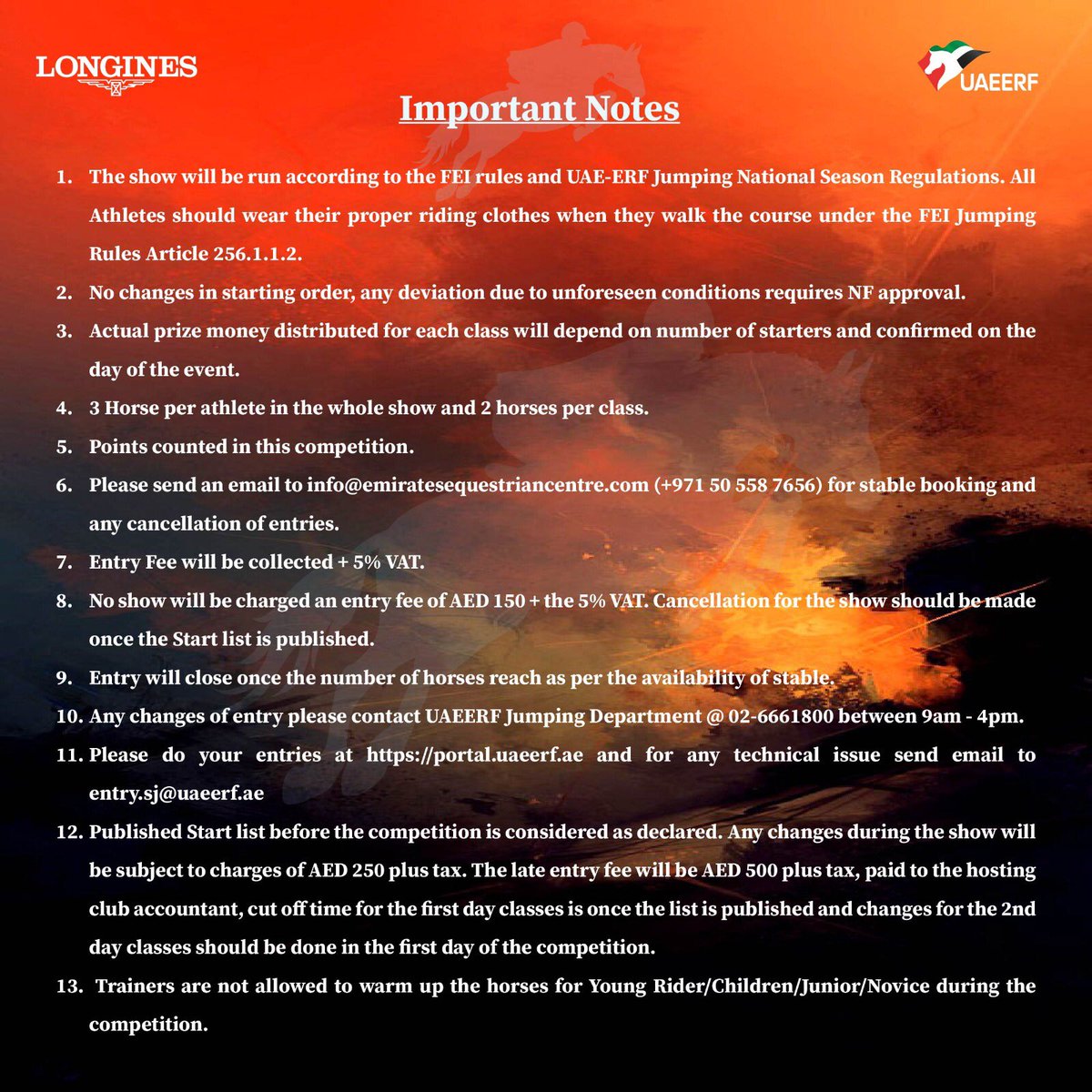 هل أنتم مستعدون لأولى منافسات قفز الحواجز في مركز الامارات للفروسية بدبي ! 
تجهزوا لفعالية ممتعة و مثيرة 🤩
الجدول الزمني للمنافسات التي تأتي ضمن دوري الإمارات لونجينز المحلي لقفز الحواجز . 

#مركز_الامارات_للفروسية #اتحاد_الإمارات_للفروسية_والسباق #لونجينز #uaeerf #longines
