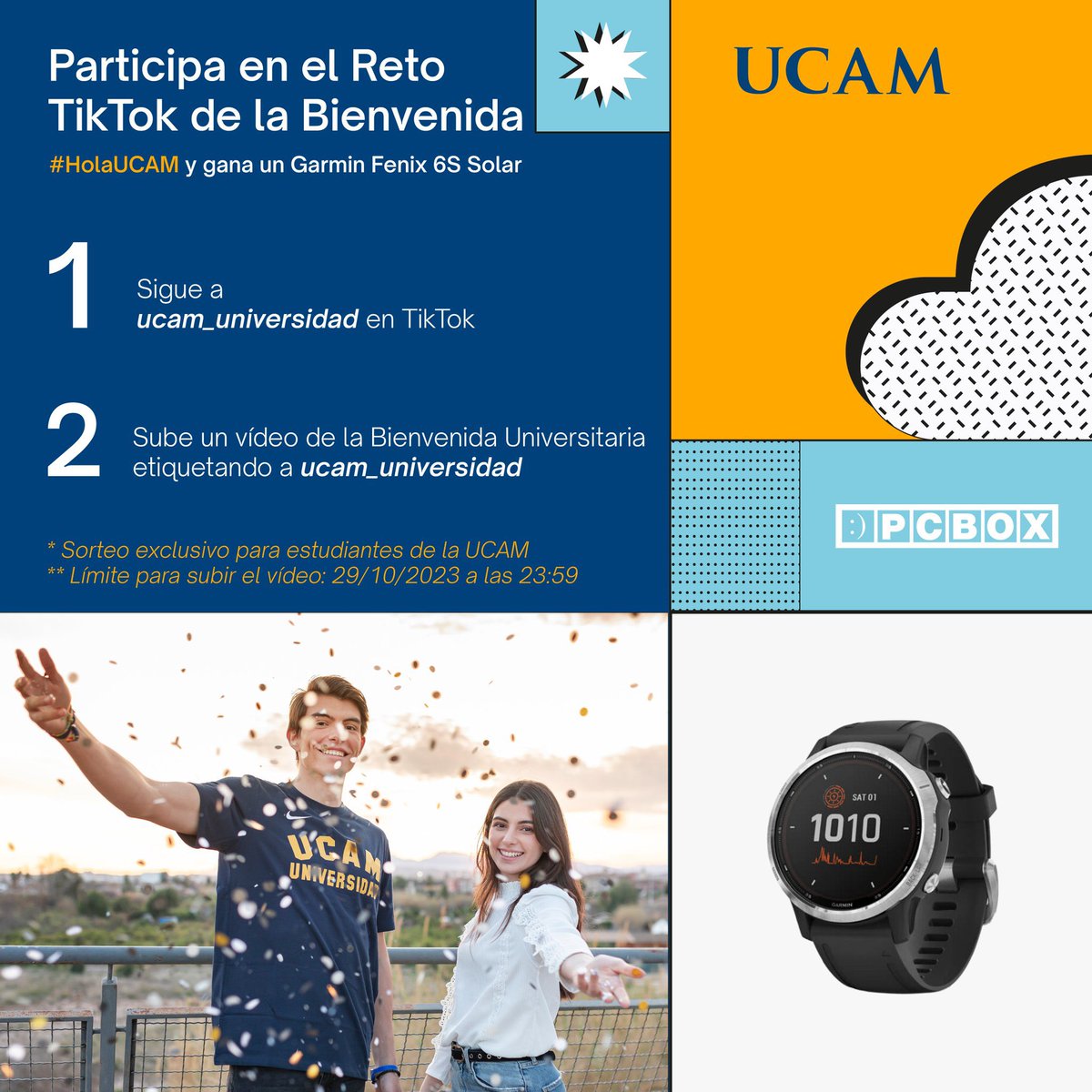UCAM_Global's tweet image. 📢 The #PCBOX TikTok Challenge of the University Welcome begins #HolaUCAM

🤔 Do you want to win a Garmin Fenix 6S? 

✅ Follow ucam_universidad on #TikTok 

✅ Upload a video of the University Welcome to #TikTok tagging ucamuniversidad 

➡️ Only for UCAM students