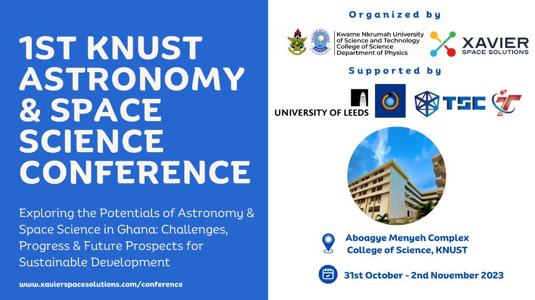 XSpaceSolutions's tweet photo. The upcoming 1st #KNUST #Astronomy and Space Science Conference, with the theme "Exploring the Potentials of Astronomy and Space Science in Ghana: #Challenges, Progress, and Future Prospects for Sustainable Development," is set to be a landmark event. 

Thanks to everyone !🇬🇭🚀 https://t.co/h9xUDig6B2