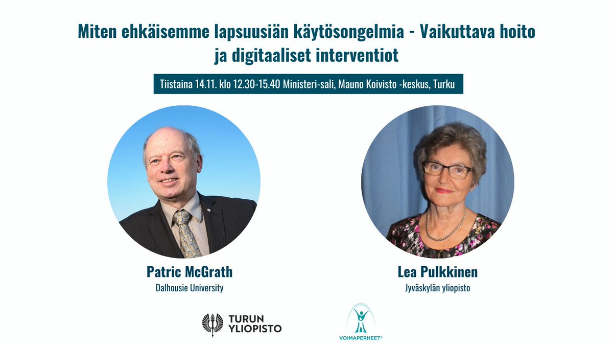 Järjestämme tiistaina 14.11. seminaarin, jossa käsitellään lasten käytösongelmia ja niiden ennaltaehkäisemistä näyttöön perustuvilla menetelmillä. 

Seminaari on suunnattu terveydenhoitajille, perhepalveluiden esihenkilöille ja psykiatreille.

Lue lisää:
sites.utu.fi/voimaperheet/s…