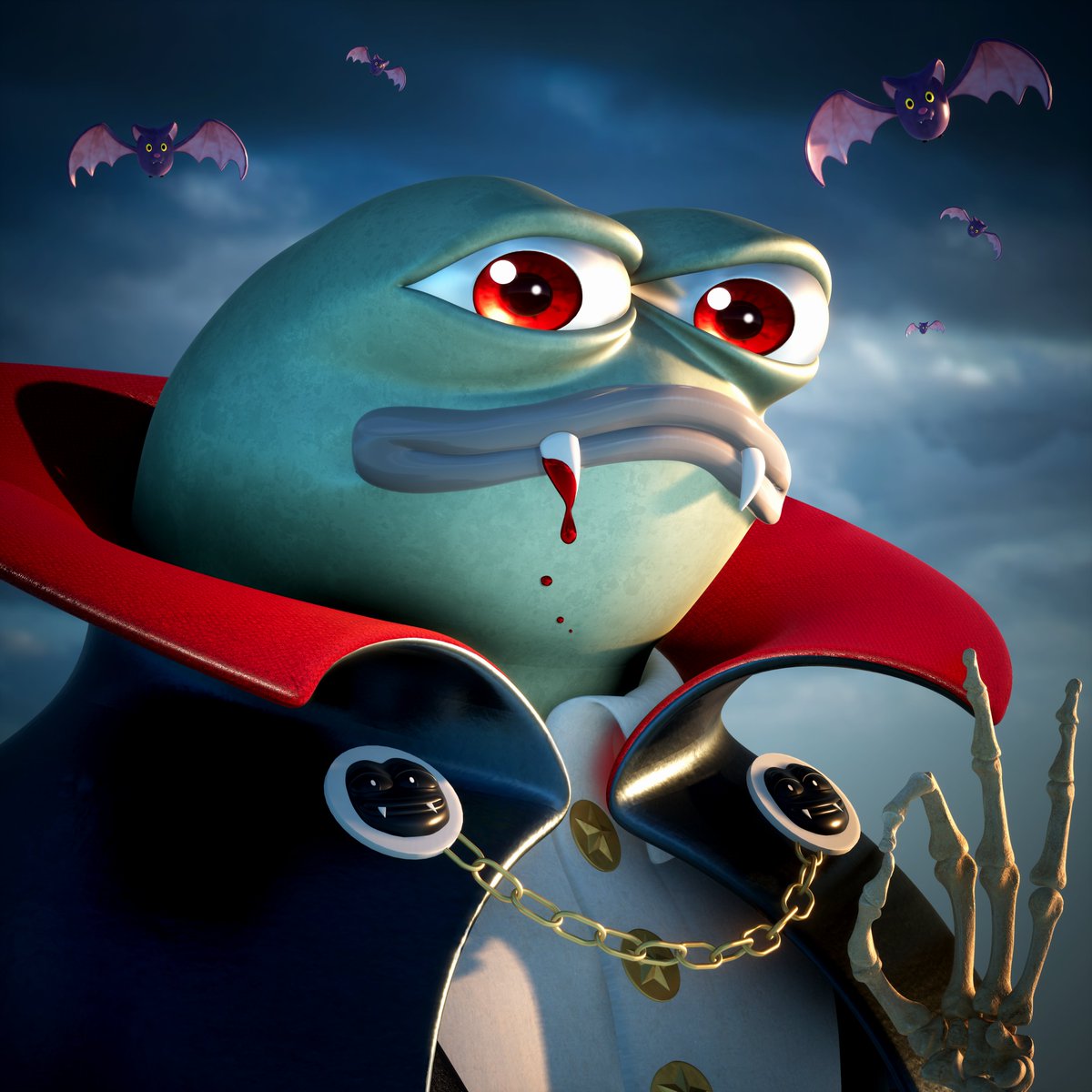 GM 🐸🩸🩸

Wishing you a fang-tastic day with Pepe the Vampire! Don't forget to sink your teeth into some fun! 🦇💉

#nftart #memeart #pepeart #frogfam #3dart