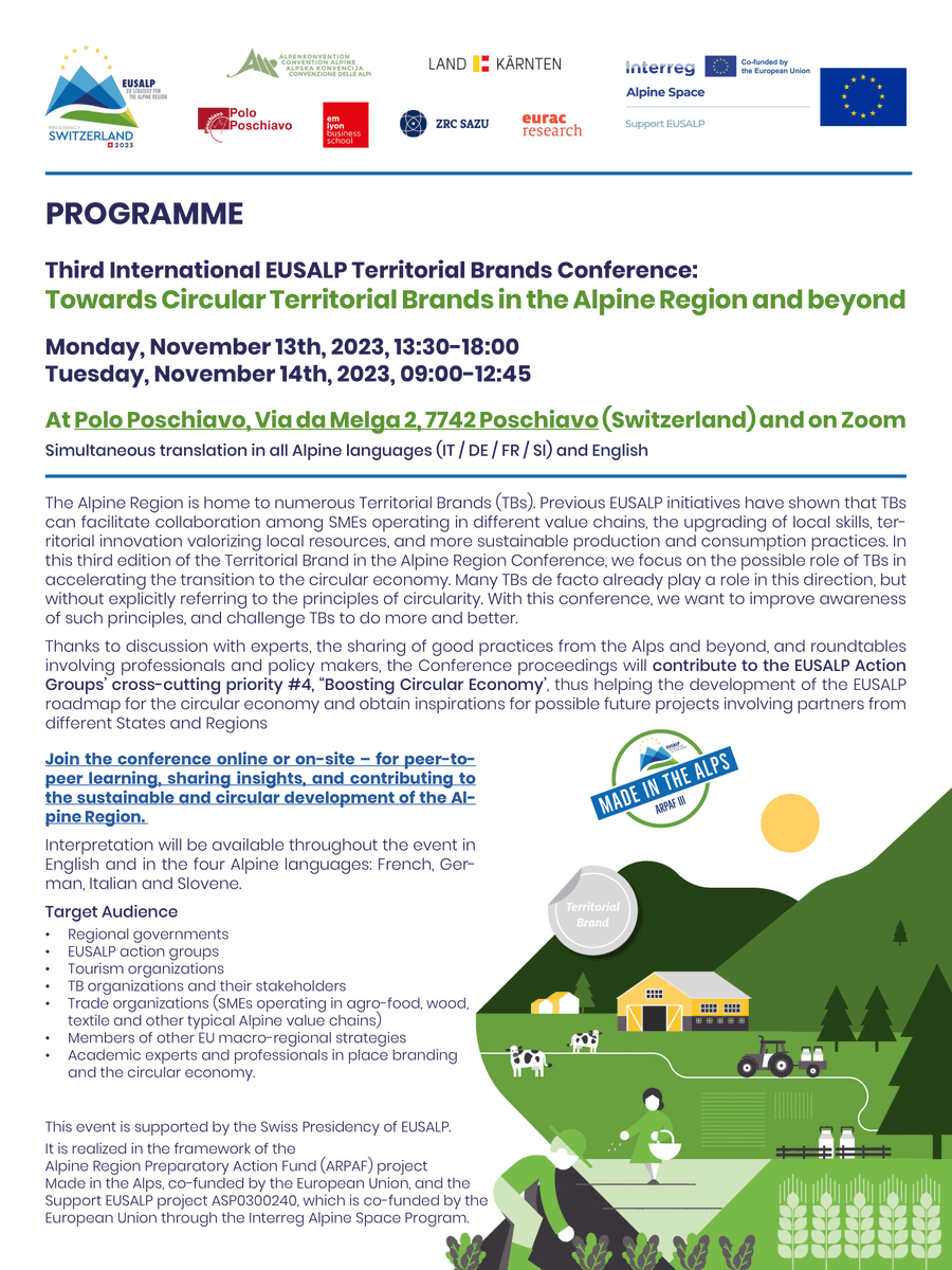 alpconv's tweet photo. 📌 Save the date for the Third @_Eusalp Territorial Brands Conference focused on accelerating the transition to a #CircularEconomy in the #AlpineRegion!  
🗓️ 13-14 November
📍 Polo Poschiavo (CH) &amp; livestream
📝 Register now: https://t.co/PUNzD9bPne https://t.co/LKUfyOI9Rp
