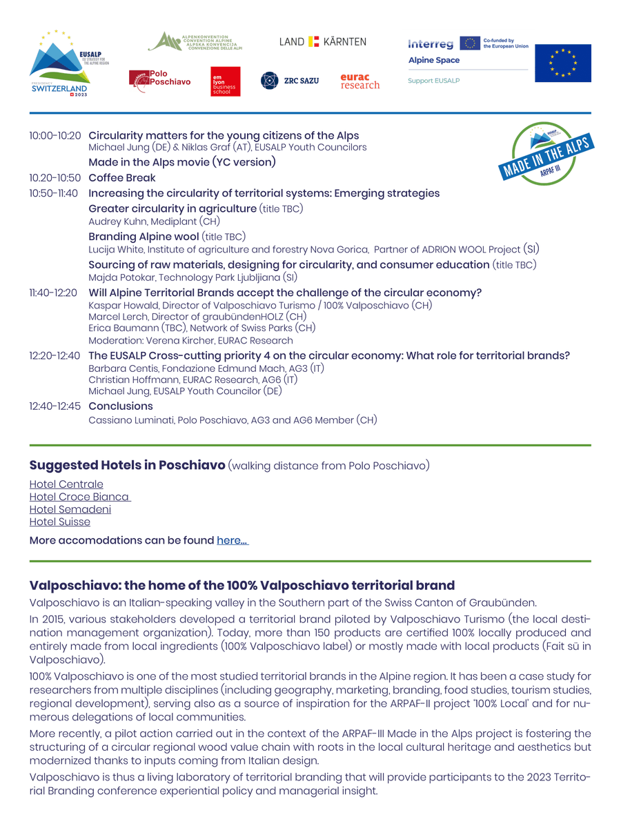 📌 Save the date for the Third <a href="/_Eusalp/">EUSALP</a> Territorial Brands Conference focused on accelerating the transition to a #CircularEconomy in the #AlpineRegion!  
🗓️ 13-14 November
📍 Polo Poschiavo (CH) &amp; livestream
📝 Register now: bit.ly/3FyQVZj