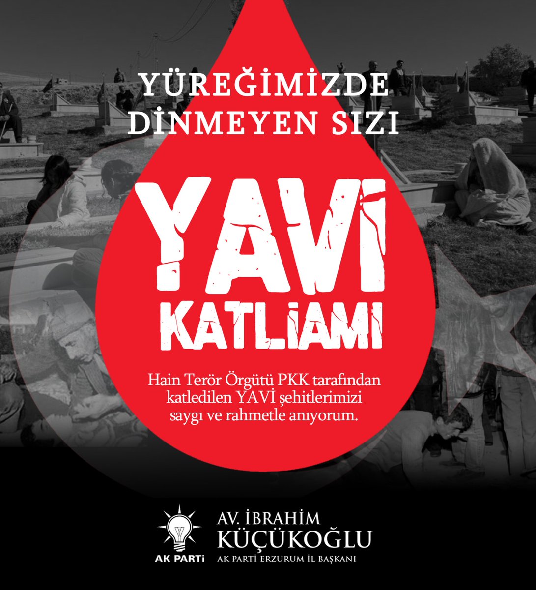 Unutmadık, Unutmayacağız.

25 Ekim 1993 Çat ilçemize bağlı Yavi Köyü'nde hain terör örgütü PKK tarafından çoluk çocuk, yaşlı  demeden şehit edilen masum canlarımızı şahadetlerinin yıl dönümünde saygı ve rahmetle anıyoruz.  #YaviKatliamı