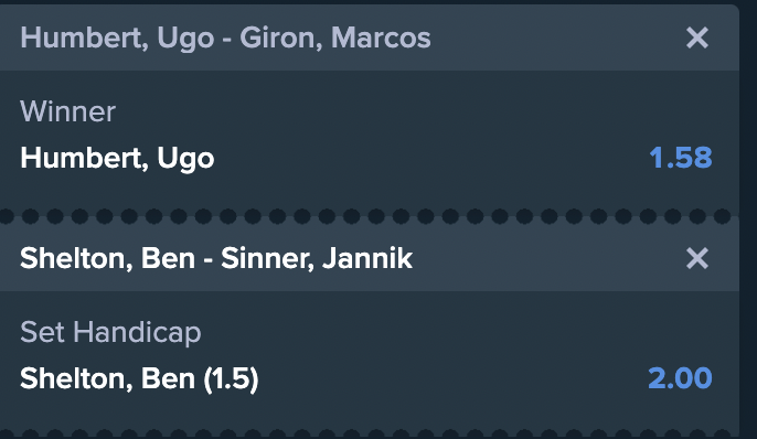 Two tennis matches for today:

Humbert in a good streak and plays solid.
Ben shelton won against sinner so i expect, that he at least  wins one set. 

Ez 3X📈💰