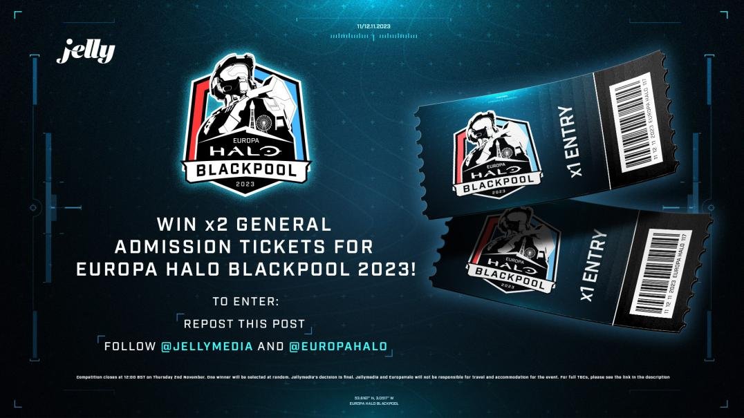 Its time for a competition! Win 2 General Admission Tickets for Europa Halo Blackpool!

To Enter
♻️ Repost this post
🟢 Follow <a href="/Jellymedia/">Jellymedia</a> &amp; <a href="/EuropaHalo/">Europa Halo 🇪🇺</a> 

Entry closes on Nov 2nd! Details for the event can be found here: tinyurl.com/EHBlackpoolInfo