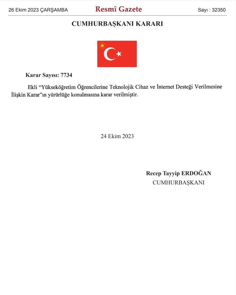 Yükseköğretim Öğrencilerine Teknolojik Cihaz ve İnternet Desteği Verilmesine İlişkin Cumhurbaşkanı Kararı yürürlüğe girdi.

Her zaman gençlerimizin yanında olan Cumhurbaşkanımız Sayın <a href="/RTErdogan/">Recep Tayyip Erdoğan</a>'a şükranlarımızı sunuyoruz.