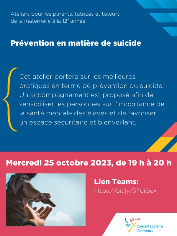 Le mercredi 25 octobre de 19 h à 20 h, joignez-vous à l’atelier pour les parents/tuteurs/tutrices sur un sujet important et complexe : la prévention en matière de suicide. Pour y participer : bit.ly/3FoiQex