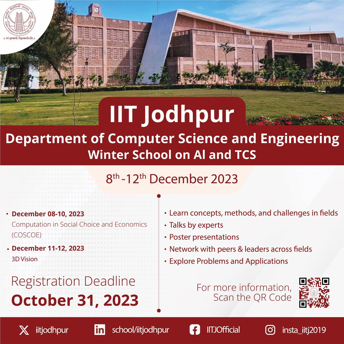 iitjodhpur's tweet image. The Department of Computer Science and Engineering, IIT Jodhpur announces "Winter School on AI and TCS" from December 8-12, 2023.
#iitjodhpur #cseiitjodhpur #theoreticalcomputerscience #AI #artificialintelligence #computervision #winterschool