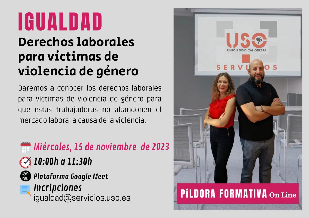 USO_Servicios's tweet photo. ‼️Nueva píldora formativa online de Igualdad organizada por @USO_Servicios.
📝Derechos laborales para víctimas de violencia de género.
🔴Abierto plazo de inscripción.👇
#USOIgualdad #FormaciónSindical
#RecursosPropios https://t.co/tpLu4af2n7
